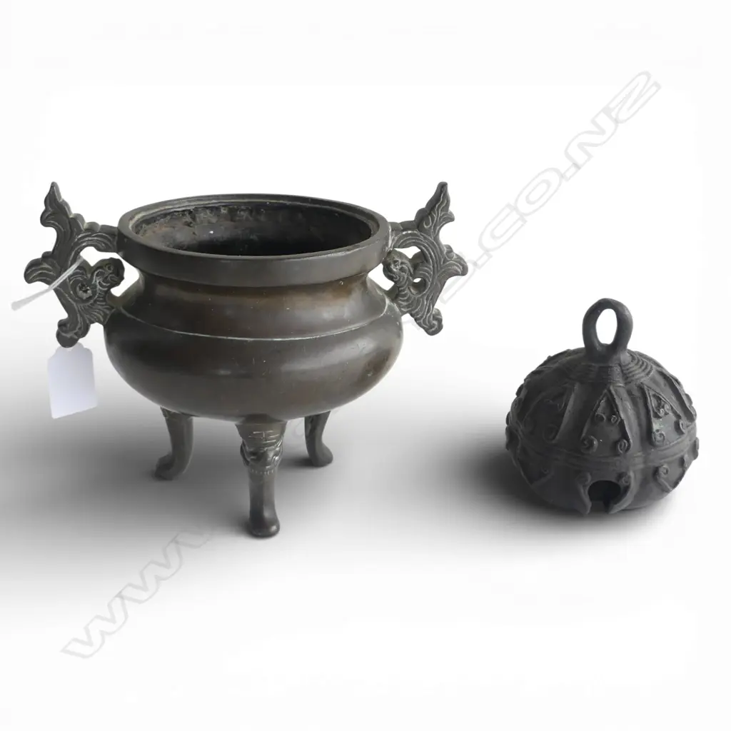 ORIENTAL BRONZE INCENSE BURNER H.155mm + BELL Image 1++