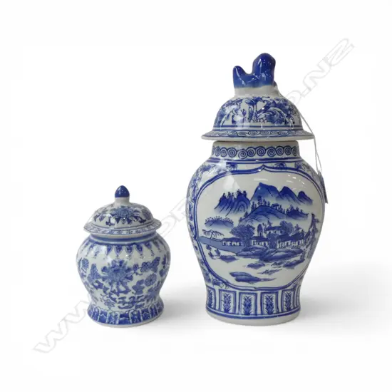 2 CHINESE B/WHITE LIDDED VASES H290 &150MM