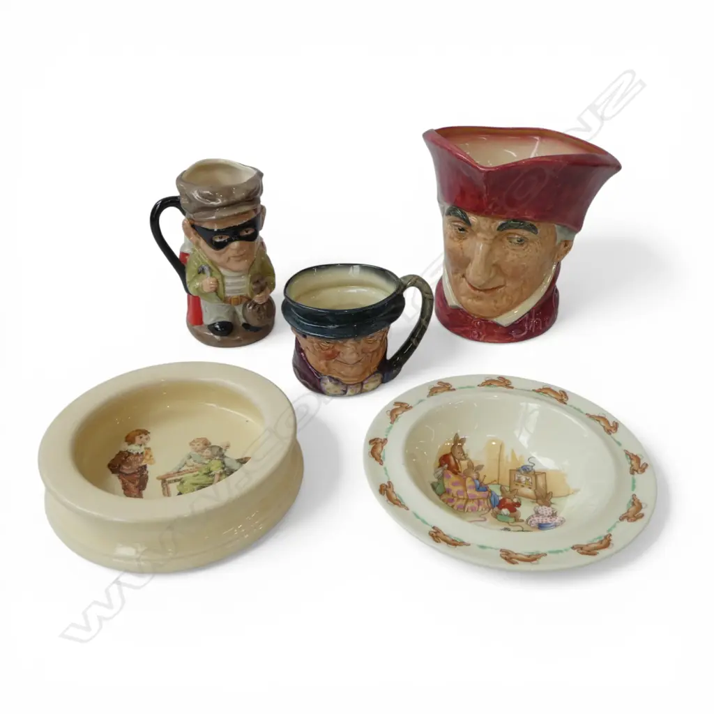5 PCES ROYAL DOULTON; 2 CHILDS BOWLS INLC. BUNNYKINS 165mm dia, CARDINAL, TONY WELLER, THE JUDGE AND THIEF Image 1++
