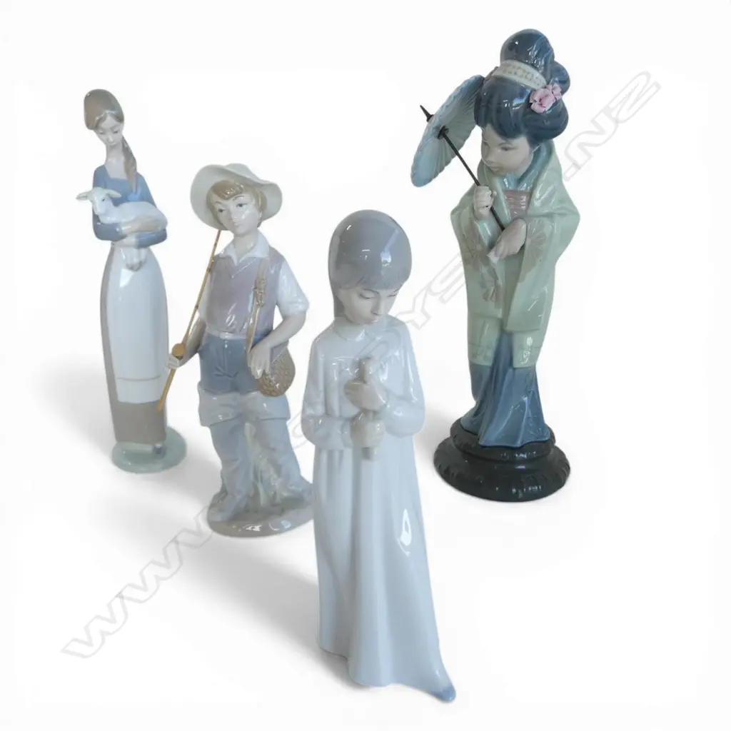 3 PCES LLADRO; JAPANESE GIRL AF H.285mm, WOMAN w. LAMB, FISHING BOY + NAO GIRL Image 1++