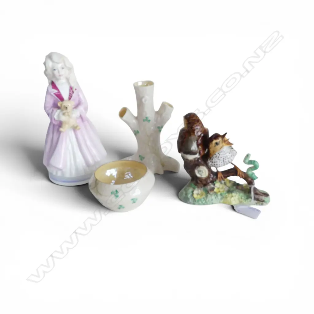4 PCES; 2 BELLEEK, ROYAL DOULTON 'FAITH' H.200mm, ROYAL CROWN DERBY THRUSH CHICKS (chips) Image 1++