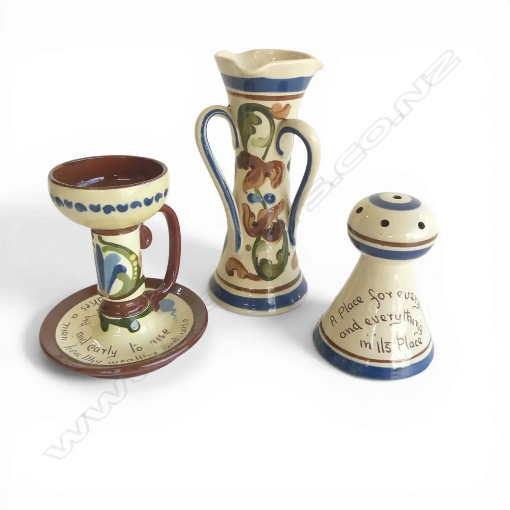 THREE PIECES OF ROYAL TORQUAY WARE - CANDELSTICK, VASE, HATPIN HOLDER Image 1++