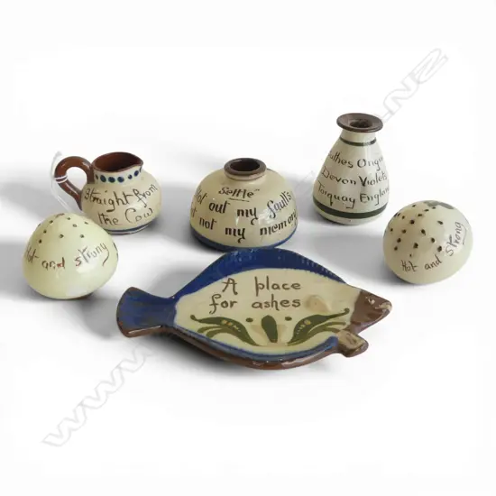 GROUP OF 6 SMALL ROYAL TORQUAY ITEMS INCL. ASHTRAY, INK POT, SML JUG, 2 X PEPPER SHAKERS (ONE WITH CHIPPED GLAZE)