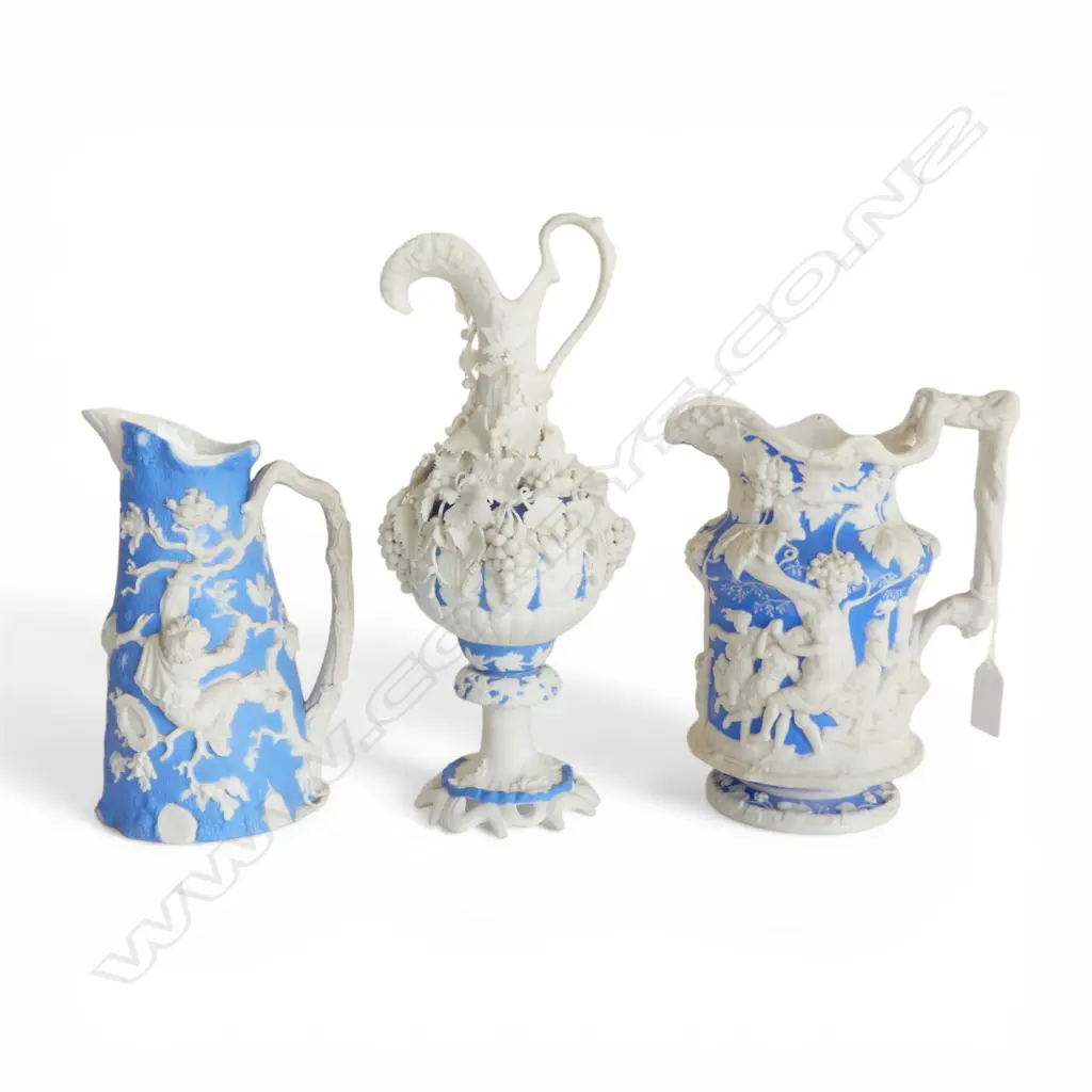 3 B/W PARIAN WARE JUGS w. APPLIED DECORATION H.290mm chips Image 1++