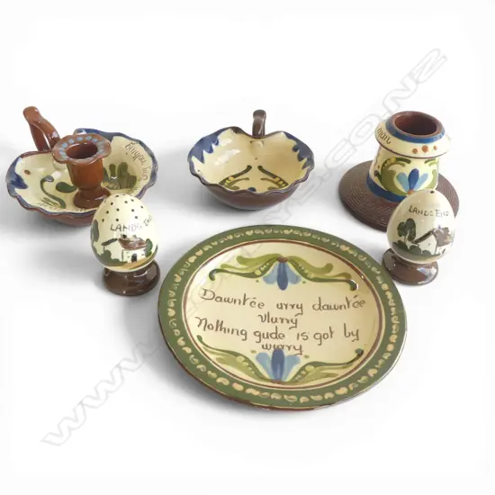 GROUP OF 6 ROYAL TORQUAY WARE INCL. CANDLE STICK HOLDERS, JAM DISH, SALT & PEPPER SHAKERS