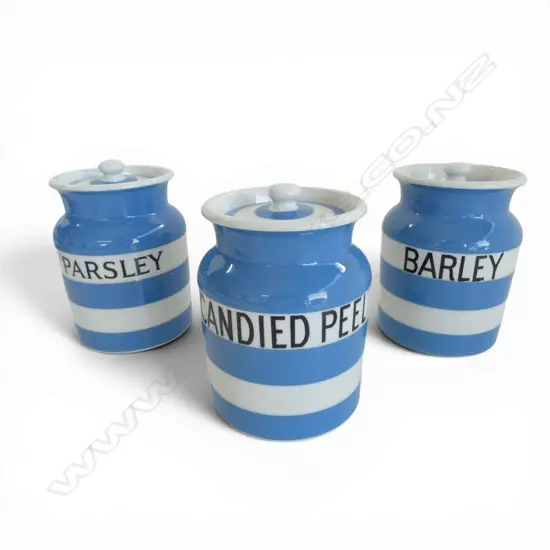 3 GREEN MARK CORNISH WARE LIDDED JARS H110MM BARLEY PARSLEY & CANDIED PEEL