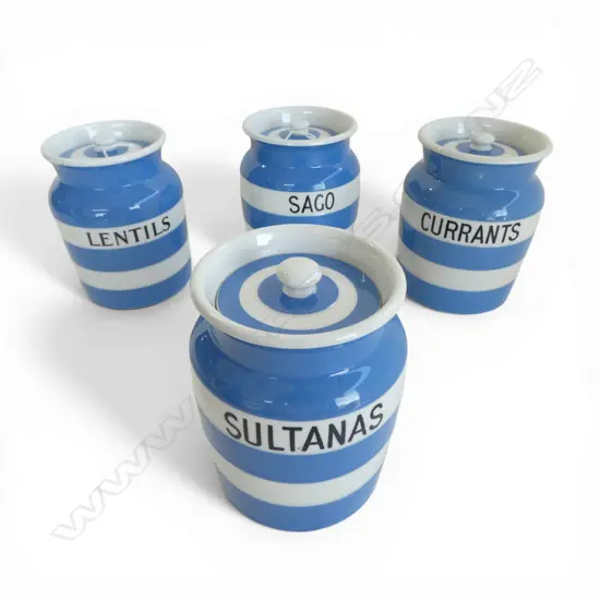 2 GREEN MARK & 2 OTHER CORNISH WARE LIDDED JARS H145MM SULTANAS SAGO  CURRANTS & LENTILS