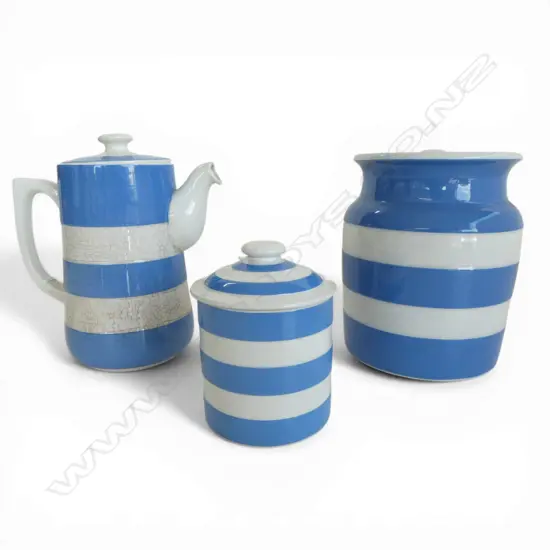 GREEN MARK CORNISH WARE LIDDED SUGAR JAR H160MM COFFEE POT H180 & LIDDED SUGAR JAR H110MM