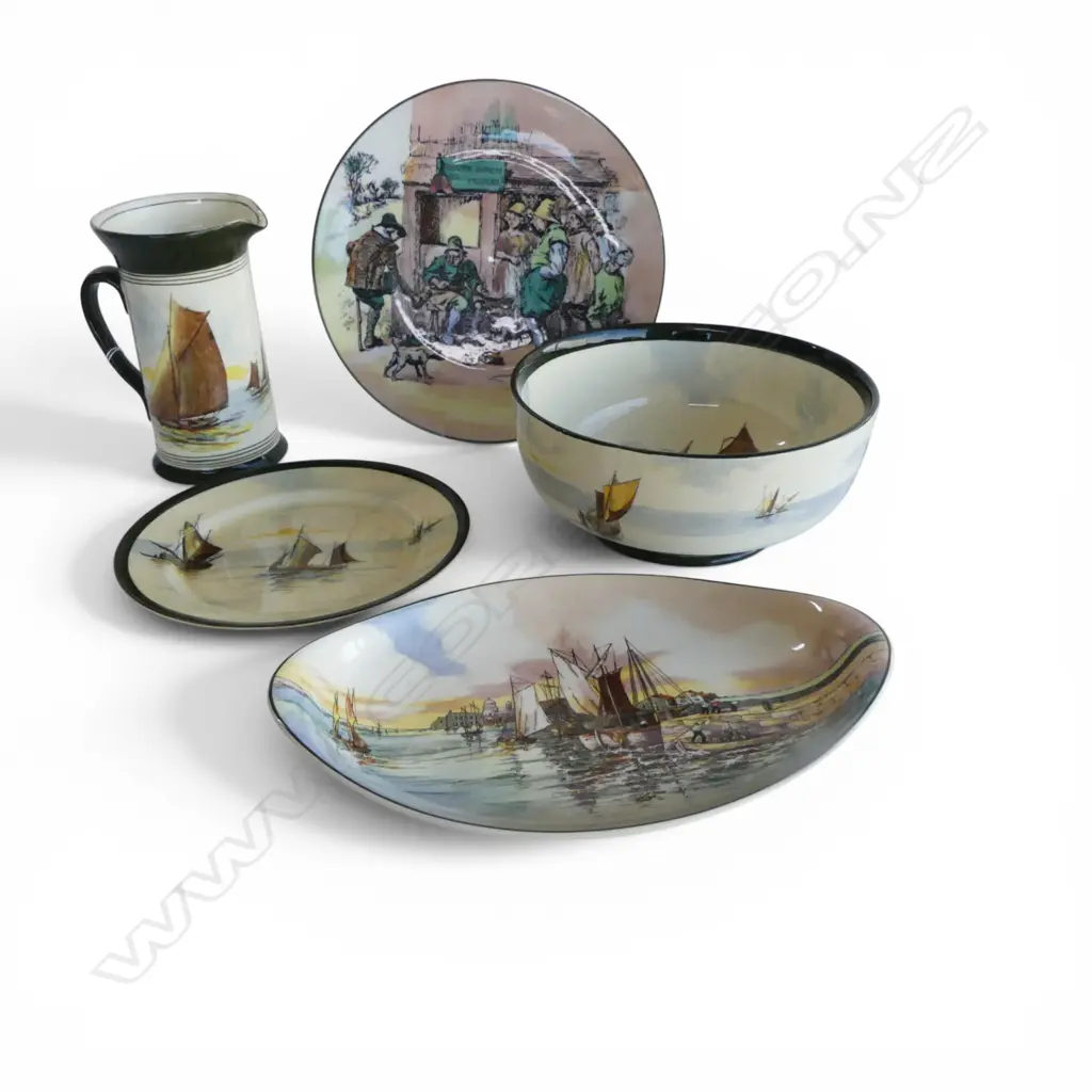 5 PCES ROYAL DOULTON; 4 w. SAILING THEME INCL. JUG H.185mm & BOWL 230mm dia, COBLER PLATE 265mm dia Image 1++