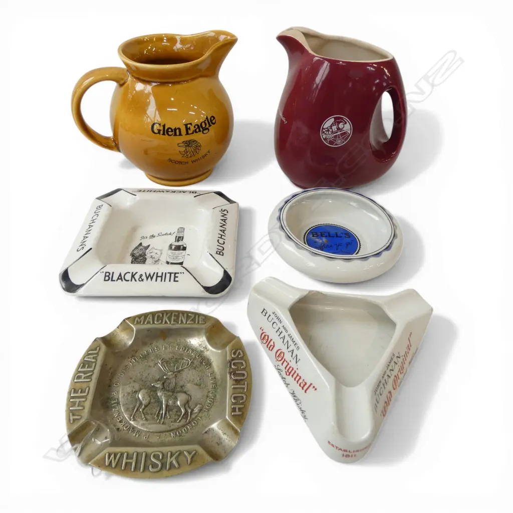 4 WHISKY ASHTRAYS & 2 WHISKY JUGS; MACKENZIE SCOTCH ETC (TWO ASHTRAYS A/F) Image 1++