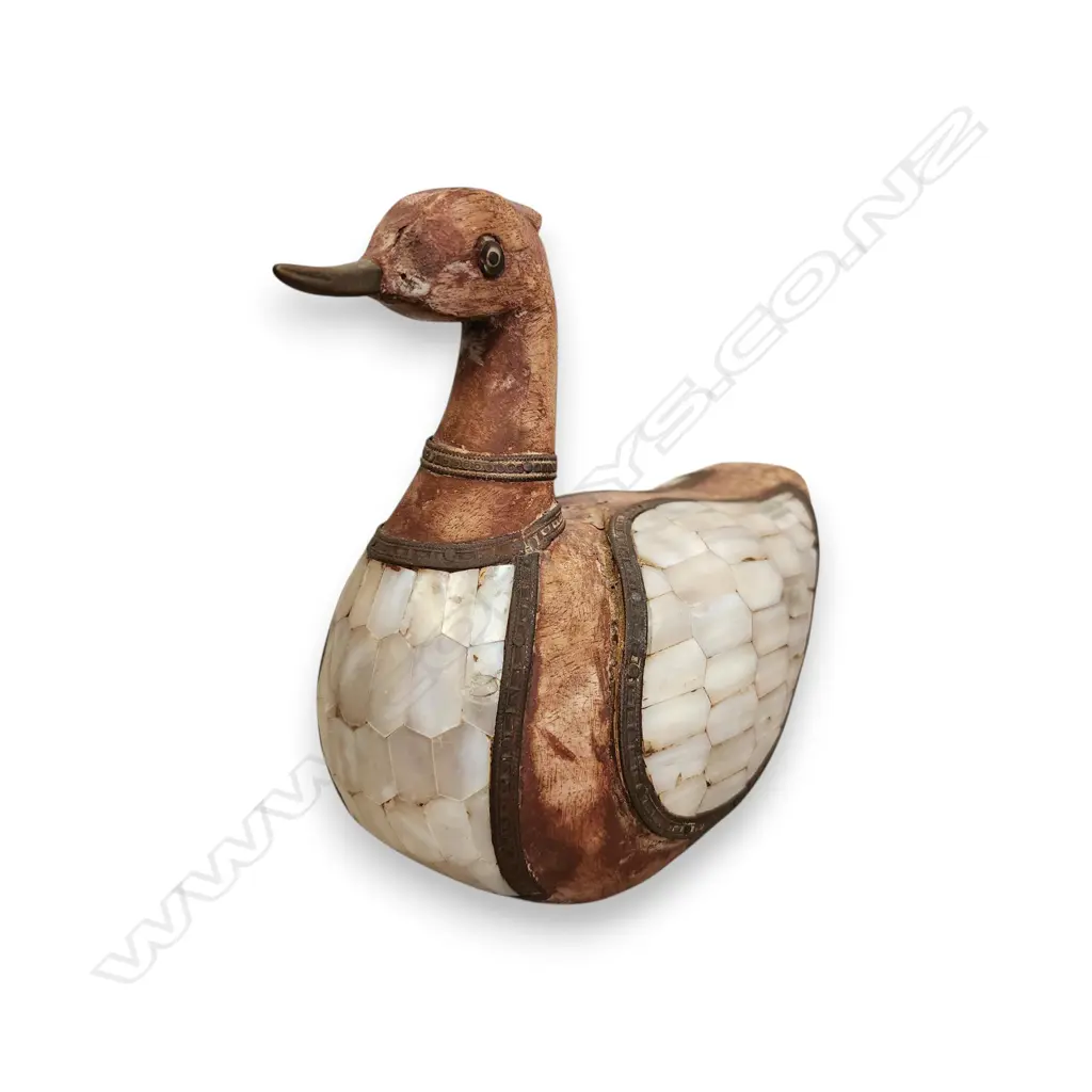 WOOD DUCK FIGURINE INLAID WITH MOTHER OF PEARL SHELLS AND BRASS 170 x 200mm Image 1++