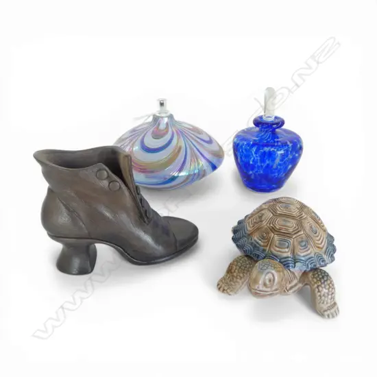 4PCS; HOKITIKA GLASS PERFUME BOTTLE, GLASS OIL LAMP, WADE TURTLE & MINIATURE BOOT