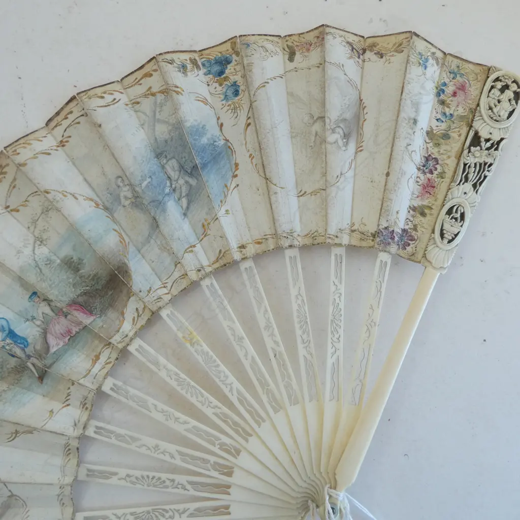 19thC CHINESE CARVED IVORY FAN with classically painted fold. L.280mm Image 1++