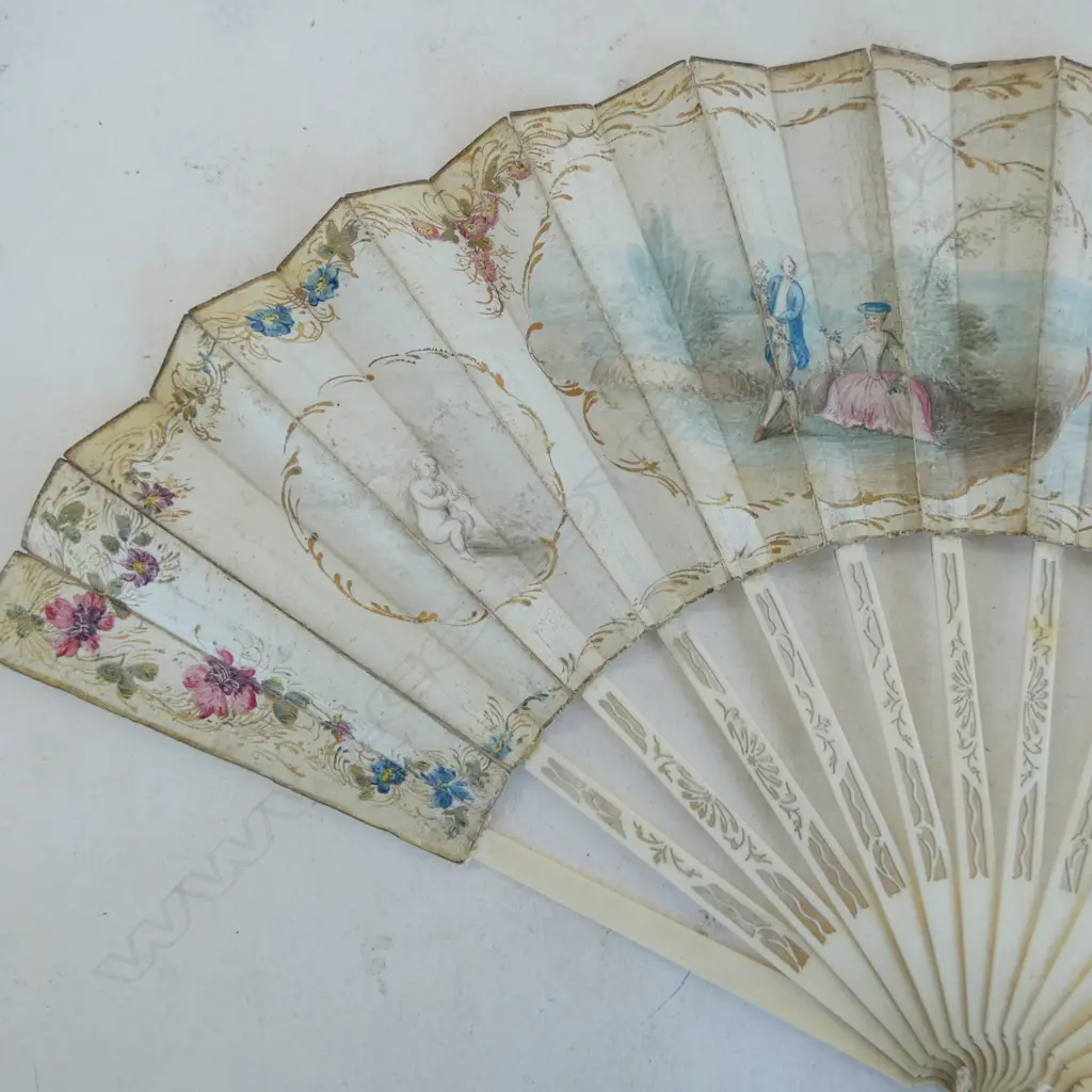 19thC CHINESE CARVED IVORY FAN with classically painted fold. L.280mm Image 1++