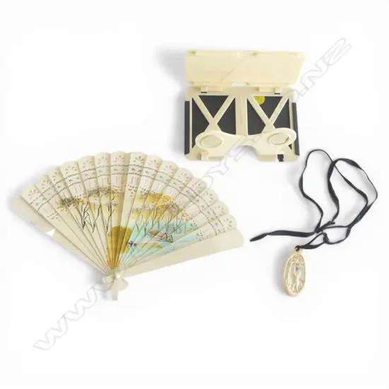 FOLDING CONWAY STEREOSCOPIC VIEWER faulted, VINTAGE ORIENTAL FAN & CARVED BONE CHERUB PENDANT