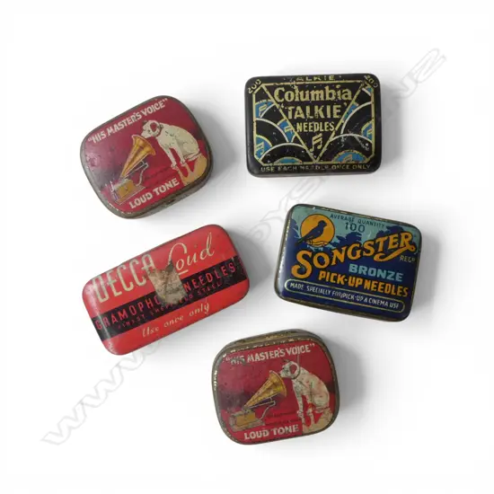 FIVE GRAMAPHONE NEEDLE TINS & NEEDLES; HMV, DECCA, COLUMBIA, SONGSTER
