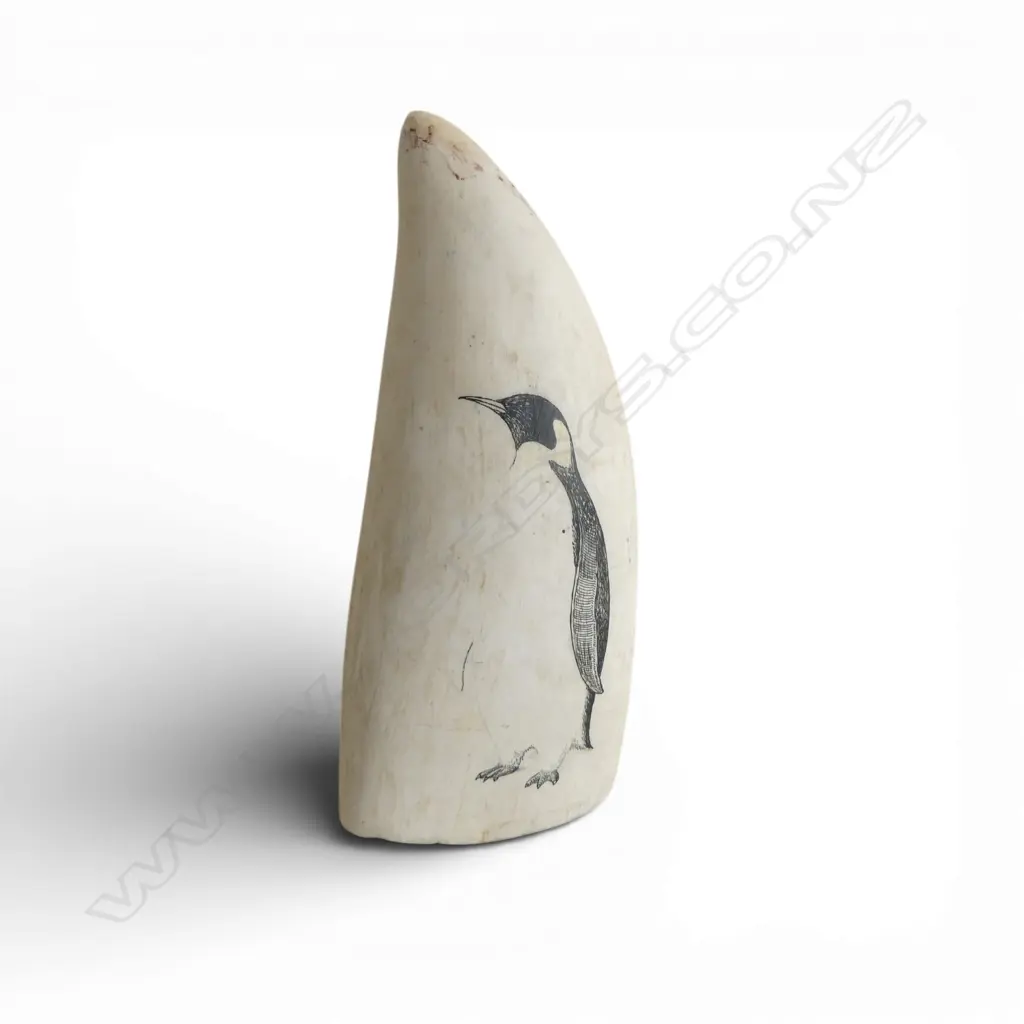 WHALES TOOTH w. PENGUIN IMAGE H.160mm SIGNED... Image 1++