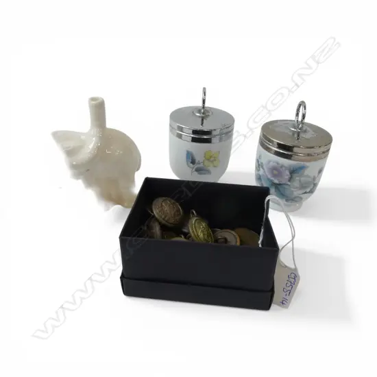 ASST. EARLY 20thC COINS, N.Z. NAVAL BUTTONS, PIE FUNNEL & 2 CODDLERS 