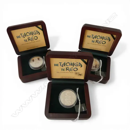 3 CASED N.Z. 1995 HE TAONGA TE REO, A CELEBRATION OF MAORI LANGUAGE .925 SILVER PIEDFORT PROOF 20c COINS, 84.75gms TW