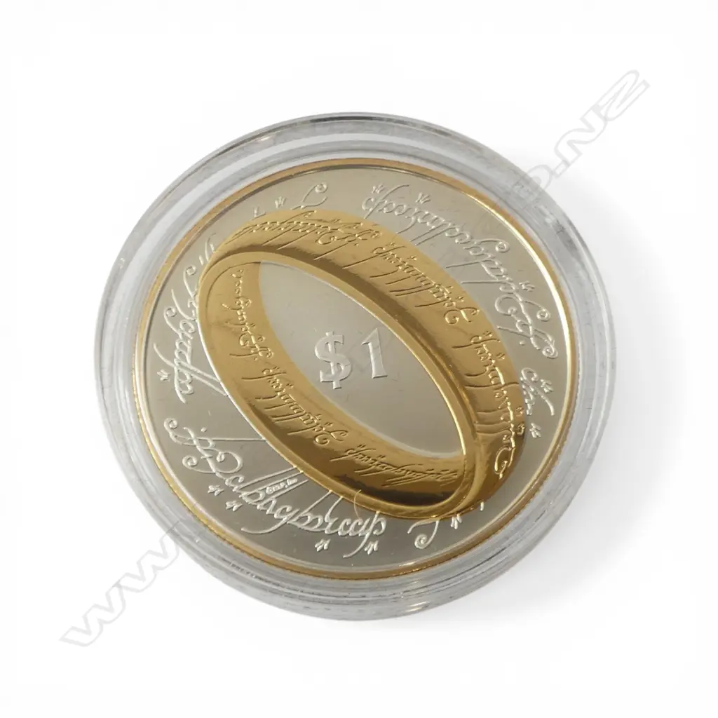 CASED 2003 N.Z. THE LORD OF THE RINGS .925 SILVER & GILT PROOF $1 COIN, 28.28gms Image 1++