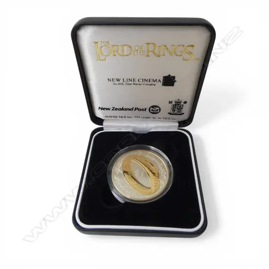 CASED 2003 N.Z. THE LORD OF THE RINGS .925 SILVER & GILT PROOF $1 COIN, 28.28gms