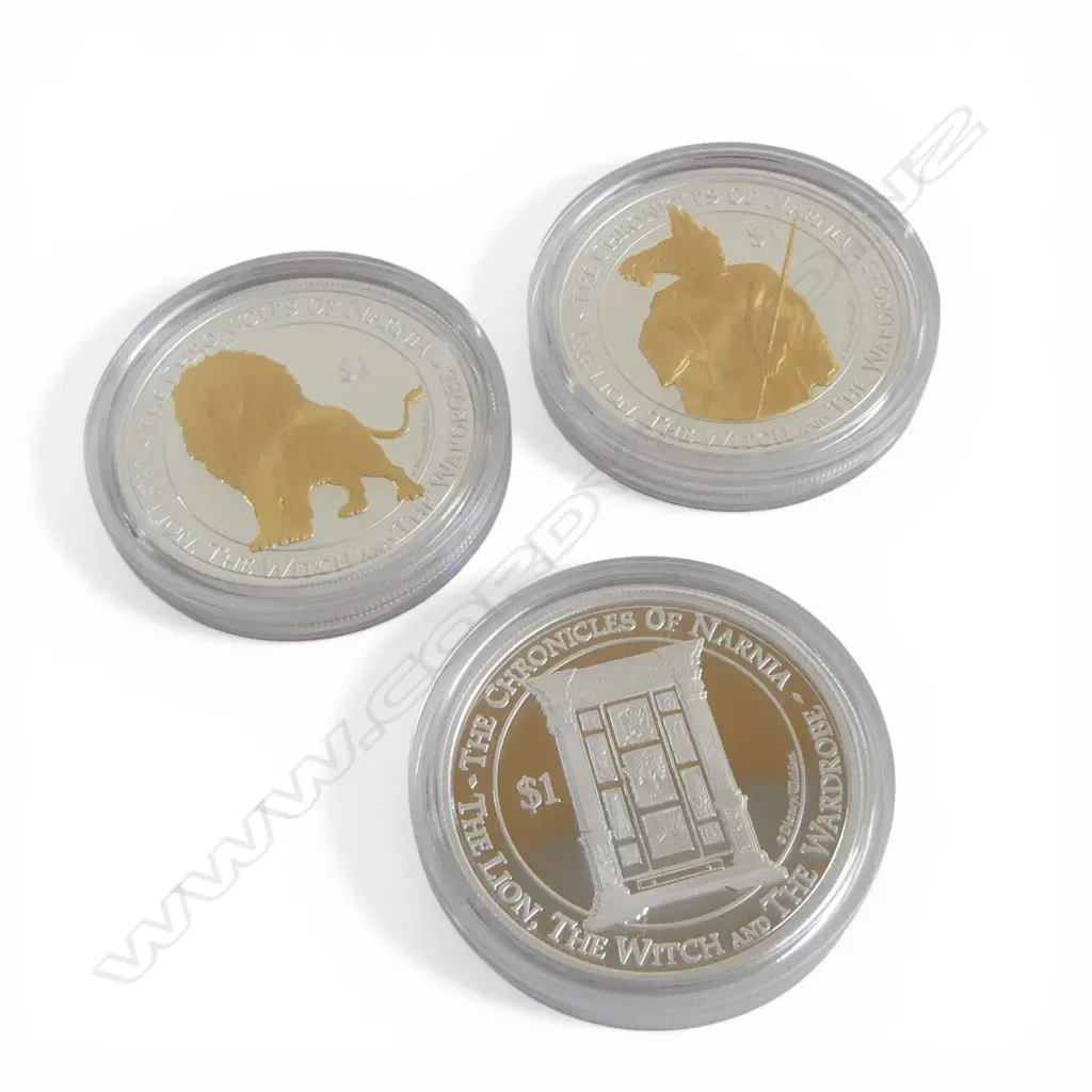 CASED N.Z. NARNIA, THE LION, THE WITCH AND THE WARDROBE 3x 1oz .999 SILVER & GOLD PLATED PROOF COIN SET Image 1++