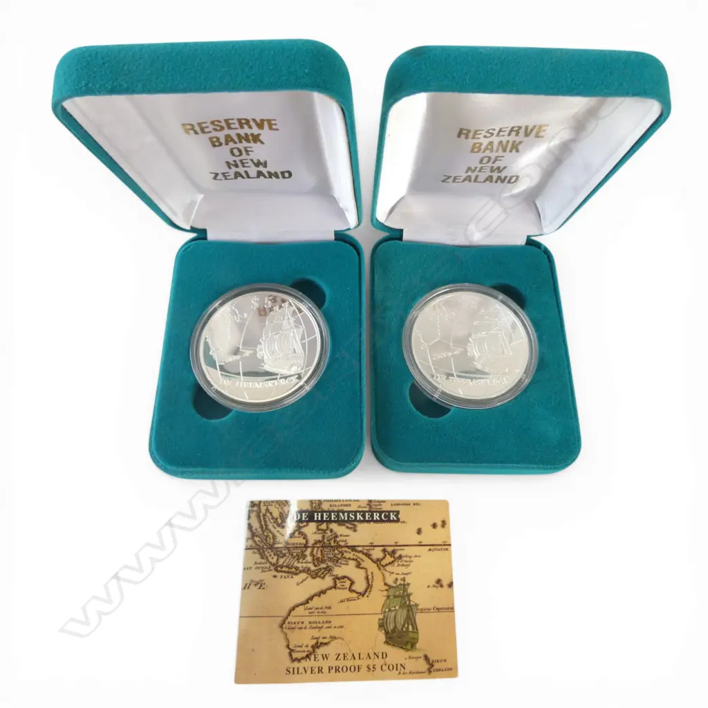 2 CASED N.Z. 1996 DE HEEMSKERCK VOYAGE OF DISCOVERY .925 SILVER PROOF $5 COIN, 62.94gms TW Image 1++