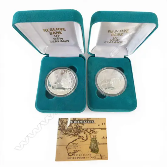 2 CASED N.Z. 1996 DE HEEMSKERCK VOYAGE OF DISCOVERY .925 SILVER PROOF $5 COIN, 62.94gms TW