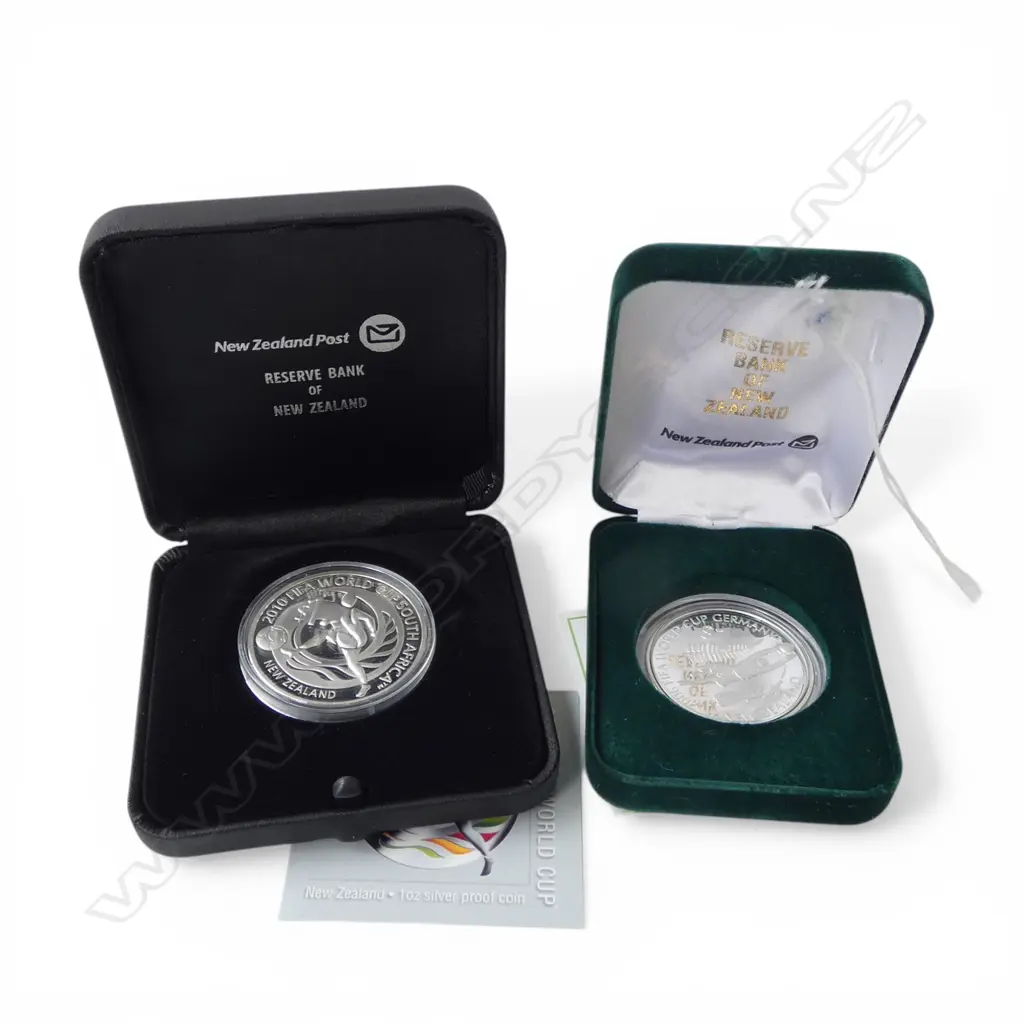 2 CASED FIFA WORLD CUP .999 SILVER PROOF $1 COINS; 2006 GERMANY 28.28gms + 2010 SOUTH AFRICA  1oz/28.34gms Image 1++