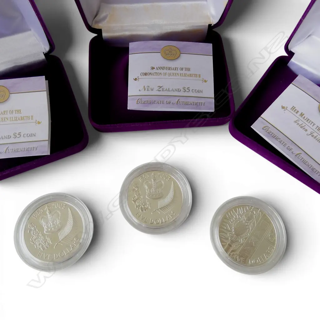 2 CASED N.Z. 2003 50th ANN. QEII CORONATION + 2002 GOLDEN JUBILEE .925 & 22ct PROOF $5 COINS 84.84gms TW Image 1++