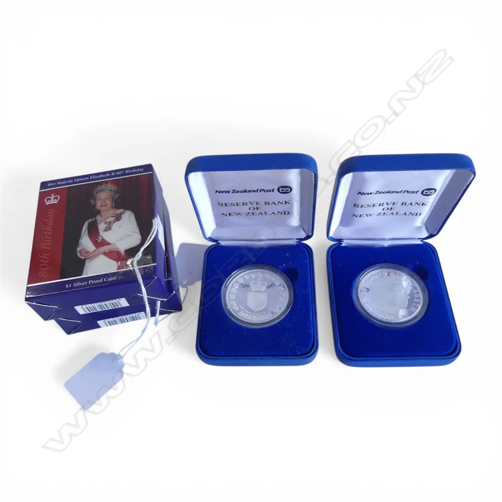 2 CASED N.Z. 2006 QE II 80th BIRTHDAY .999 SILVER PROOF $1 COINS 62.20gms TW Image 1++
