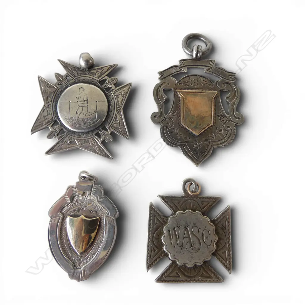 4 STG SILVER FOB MEDALLIONS 2 w. gold? shields 26.36gms Image 1++