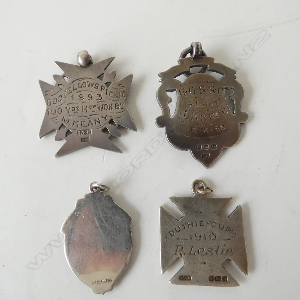 4 STG SILVER FOB MEDALLIONS 2 w. gold? shields 26.36gms Image 1++