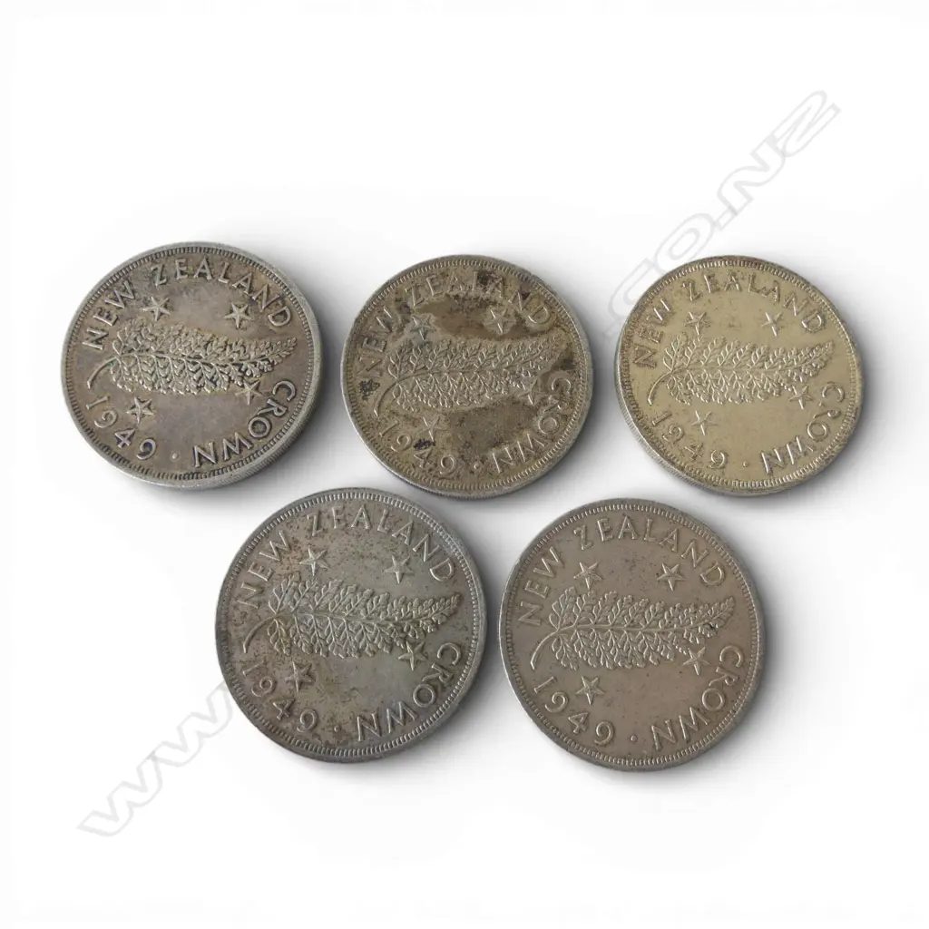 5 1949 N.Z. COMEMORATIVE ROYAL VISIT .500 SILVER CROWNS 142gms Image 1++