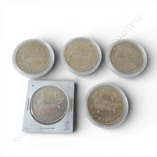 5 CASED 1949 N.Z. COMEMORATIVE ROYAL VISIT .500 SILVER CROWNS 114gms
