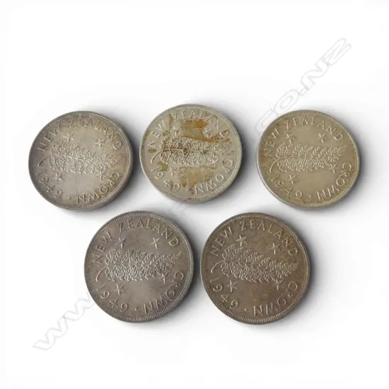 5 1949 N.Z. COMEMORATIVE ROYAL VISIT .500 SILVER CROWNS 141gms