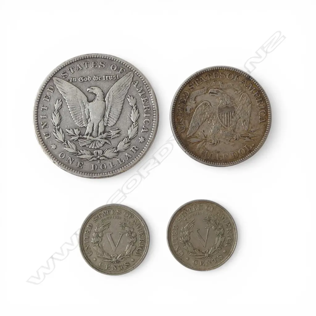 US1891 SILVER DOLLAR 1874 HALF DOLLAR & 2 1900S 5CENTS Image 1++