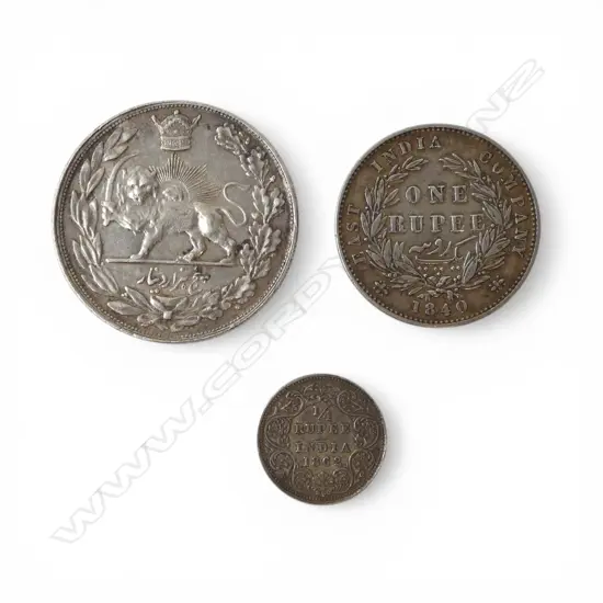 ANTIQUE PERSIAN 5000 DINAR 1840 INDIAN SILVER RUPEE &1862 SILVER QUARTER RUPEE