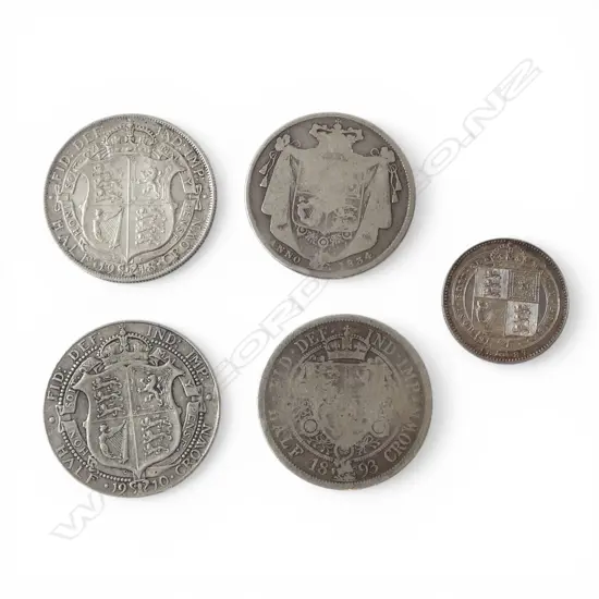 4 ANTIQUE BRITISH SILVER HALF CROWNS  & 1887 JUBILEE SHILLING