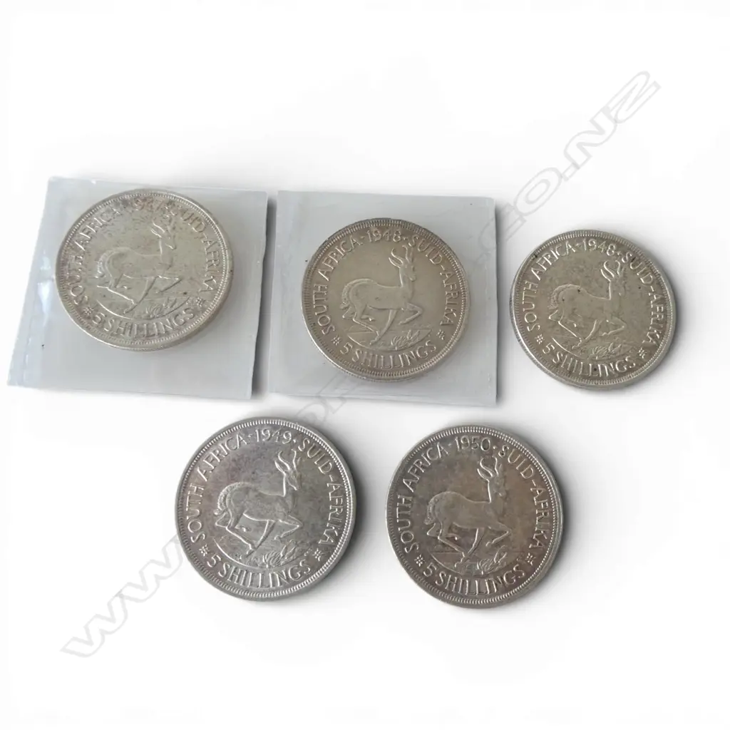5 SOUTH AFRICAN GEO.VI .800 SILVER 5 SHILLING COINS 142gms TW Image 1++