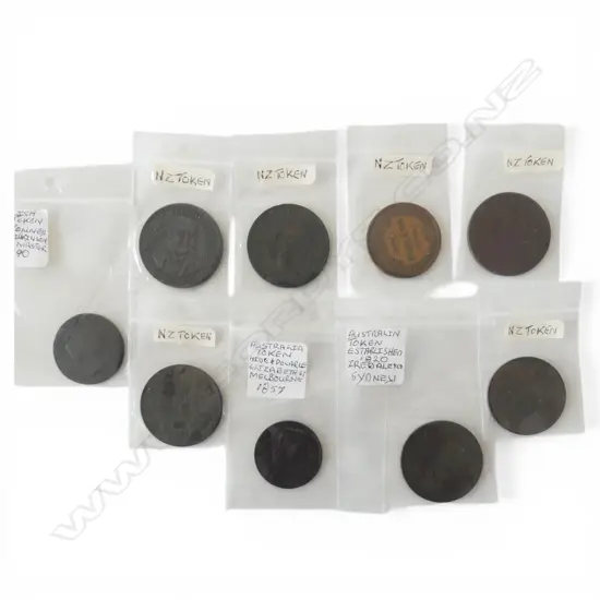 COLLECTION OF 9  ANTIQUE  TOKENS MOSTLY NZ  1 ENGLISH 2 AUSTRALIAN