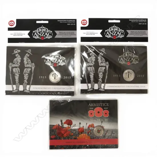 2 ANZAC COM. 50c COINS + WWI ARMISTICE DAY COM. 50c COIN