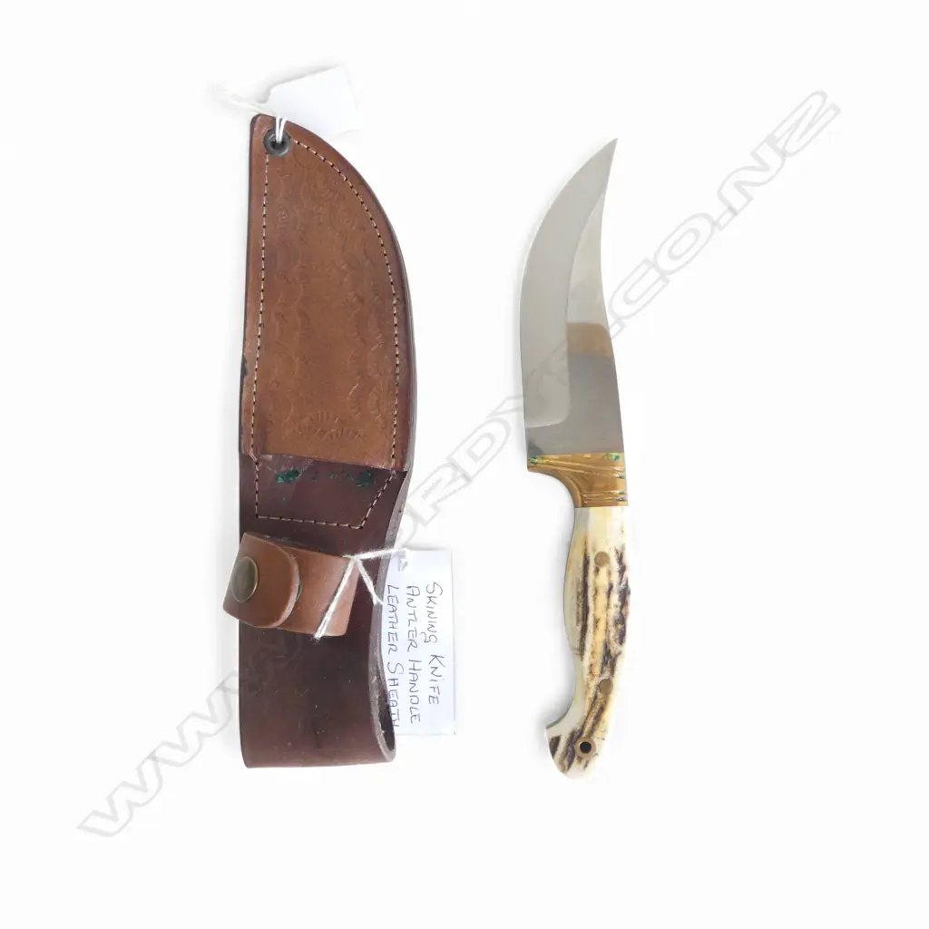 SKINNING KNIFE; ANTLER HANDLE, LEATHER SHEATH L.260mm Image 1++