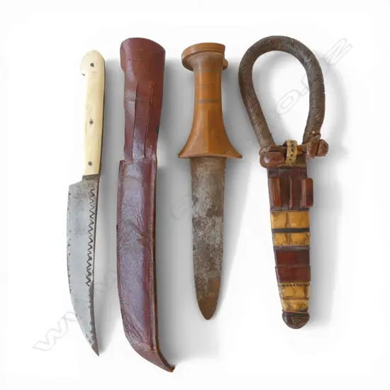 SUDANESE MAHDI DERVISH ARM DAGGER + LEATHER SCABBARD, L.240mm & VINTAGE HANDCRAFTED BONE HANDLED KNIFE + LEATHER SHEATH,