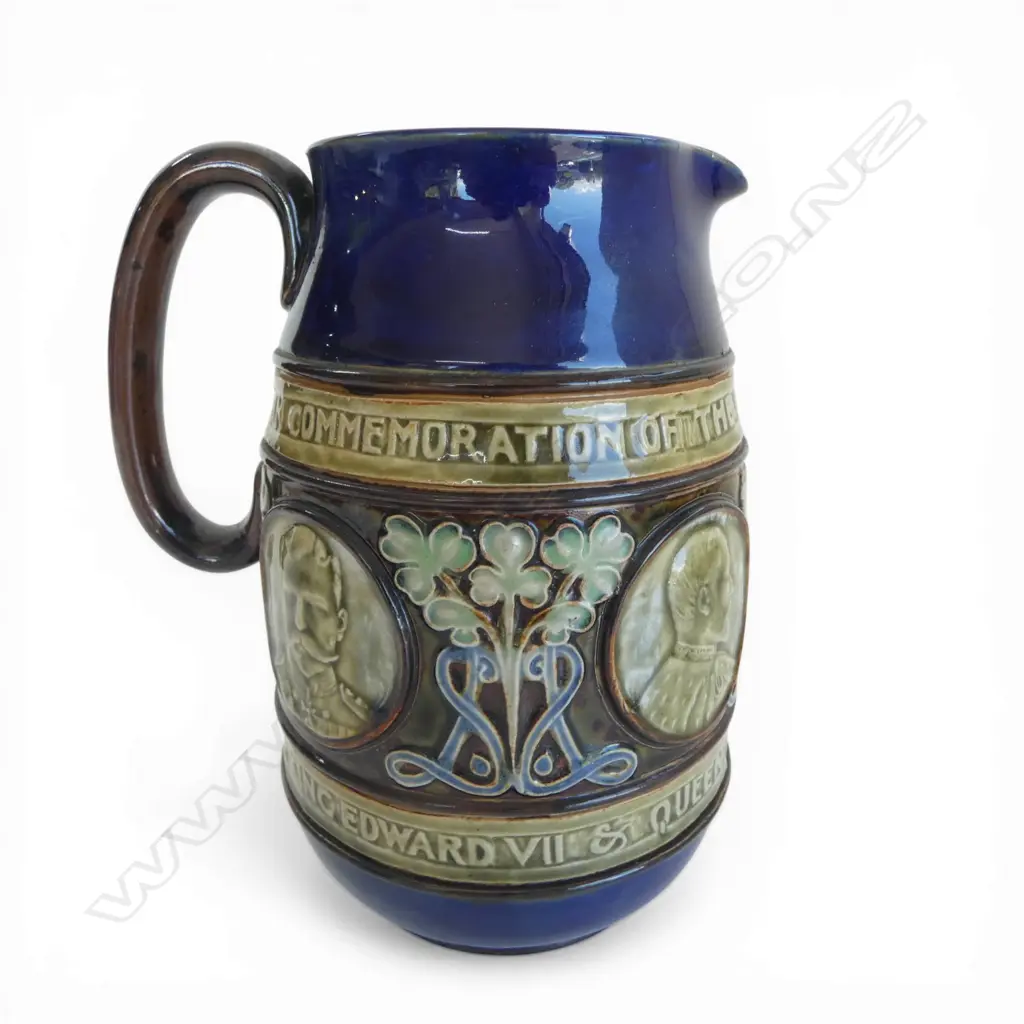 ROYAL DOULTON STONE WARE Edward VII Coronation JUG. Art Nouveau. Dble portrait. H.190mm Image 1++