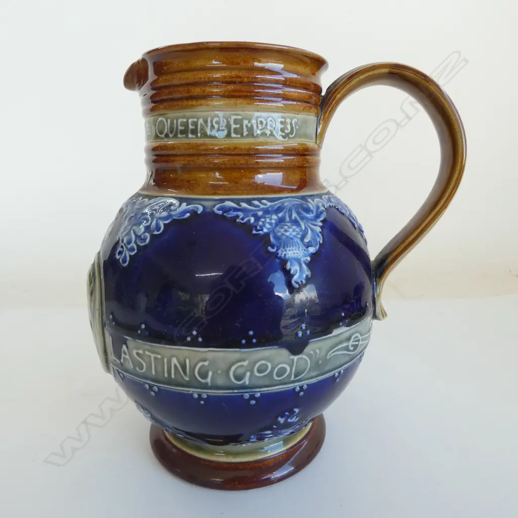 DOULTON LAMBETH STONE WARE Queen Victorian memorial JUG 1837-1897. With 2 portraits. Possibly by Annie Neal. H.190mm Image 1++