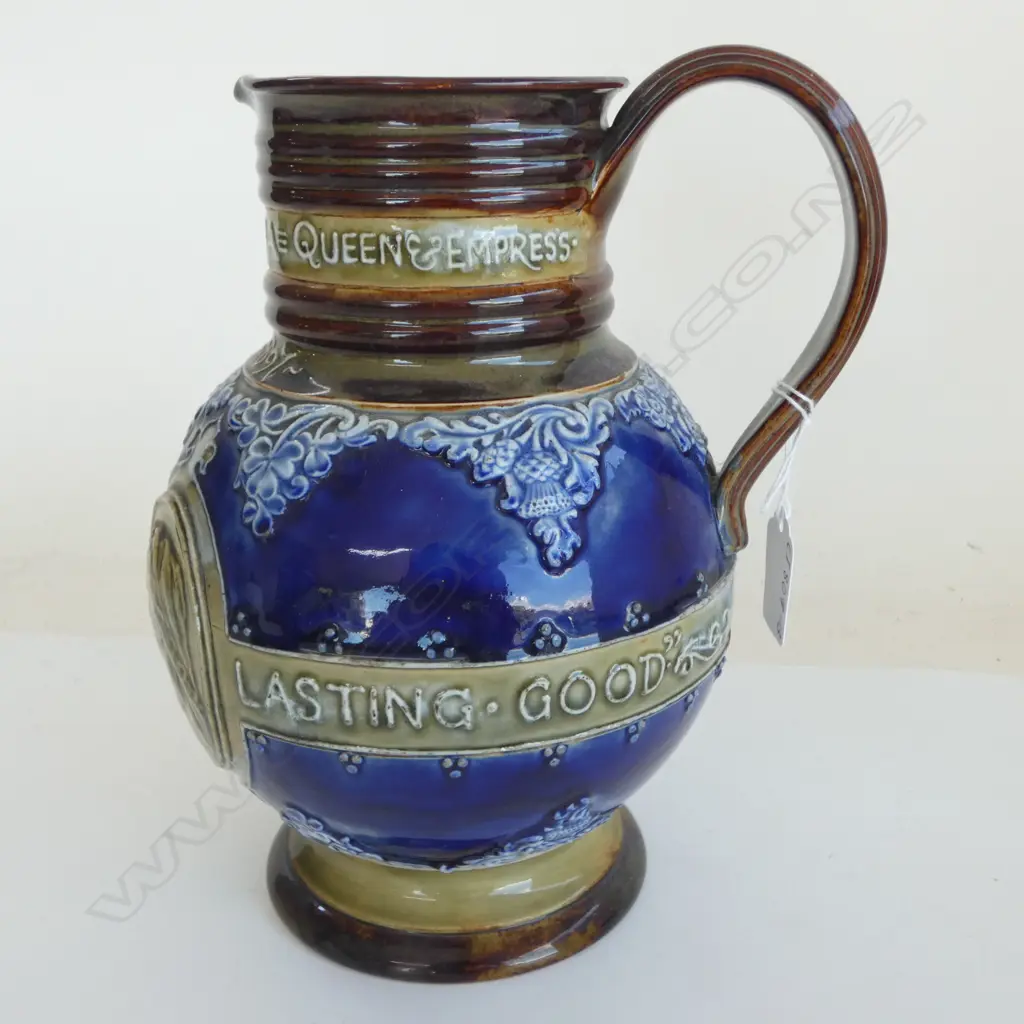 DOULTON LAMBETH STONE WARE Queen Victorian memorial JUG 1837-1897. With 2 portraits. By Emily Partington. H.240mm Image 1++