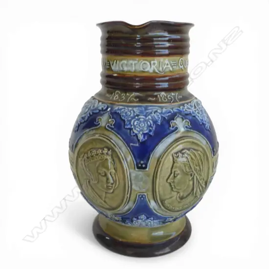 DOULTON LAMBETH STONE WARE Queen Victorian memorial JUG 1837-1897. With 2 portraits. By Emily Partington. H.240mm