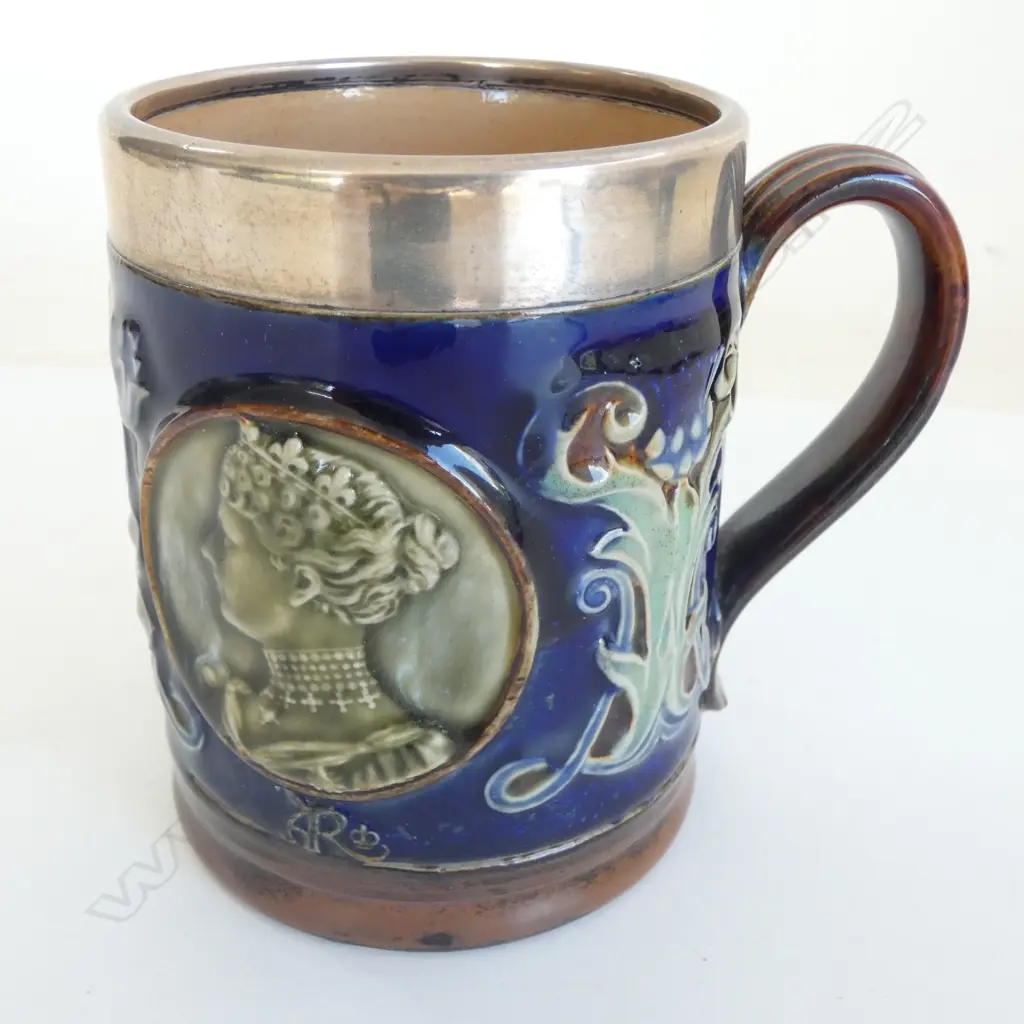 ROYAL DOULTON STONE WARE Art Nouveau Edward VII Coronation MUG. Art Nouveau. Dble portrait. Silver rim. H.105mm Image 1++