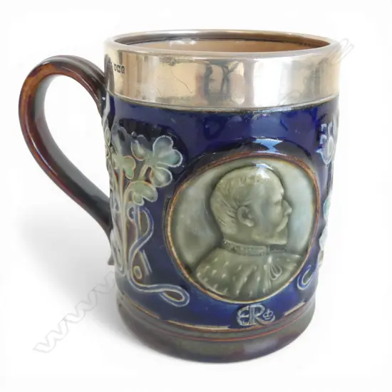 ROYAL DOULTON STONE WARE Art Nouveau Edward VII Coronation MUG. Art Nouveau. Dble portrait. Silver rim. H.105mm